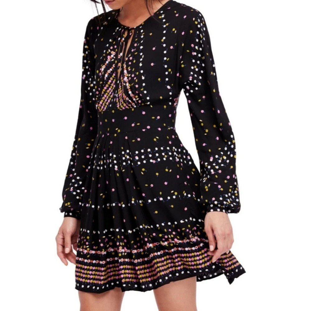 FREE PEOPLE Coryn Multi Colored Black Mini Long Sleeve Dress Sz 6 Dot Print